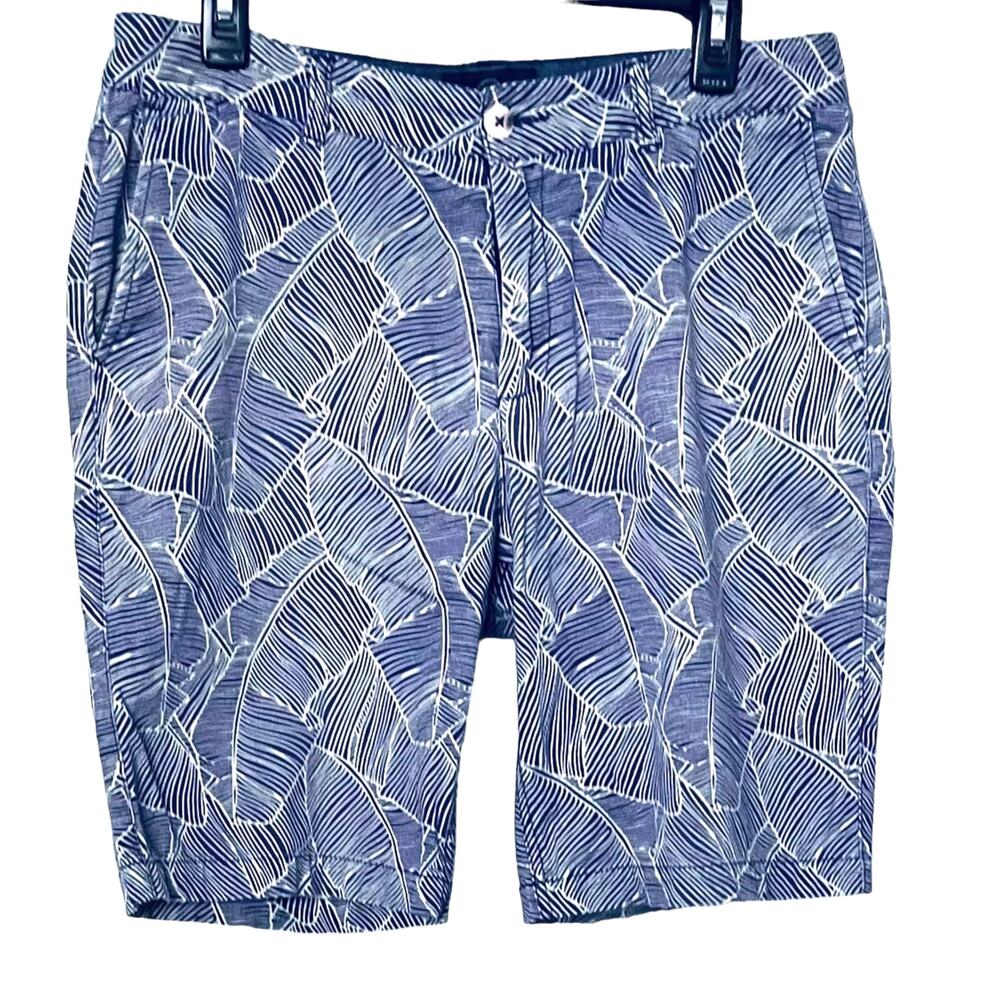 EVEN TIDE WALKING SHORTS, MENS, WAIST 33, BLUE/CREAM PAISLEY STRIPES, FLAT FRONT